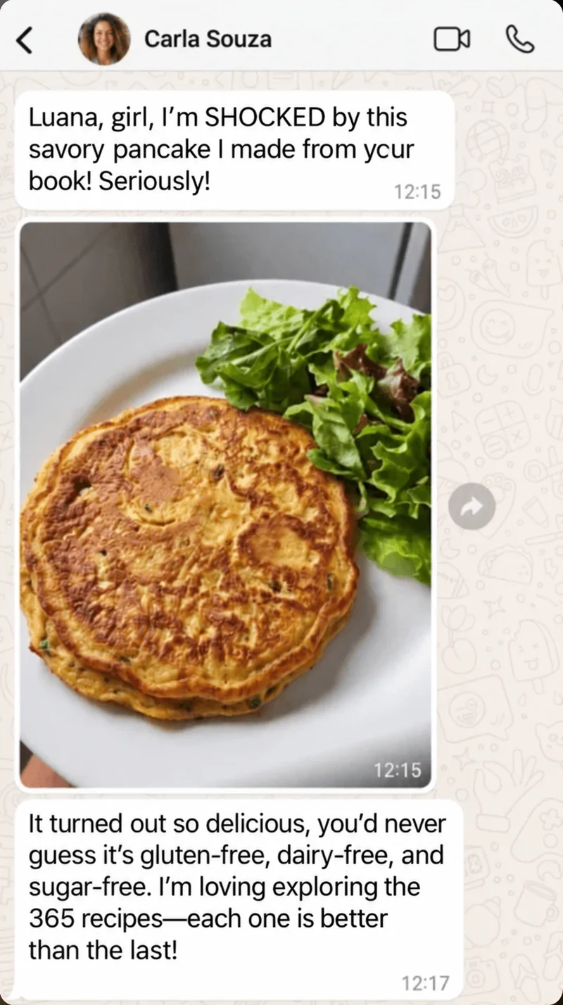 Carla Souza shares feedback and a photo of savory pancakes in a WhatsApp conversation.