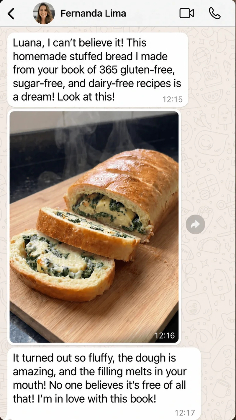 Fernanda Lima shares feedback and a photo of homemade stuffed bread in a WhatsApp conversation.